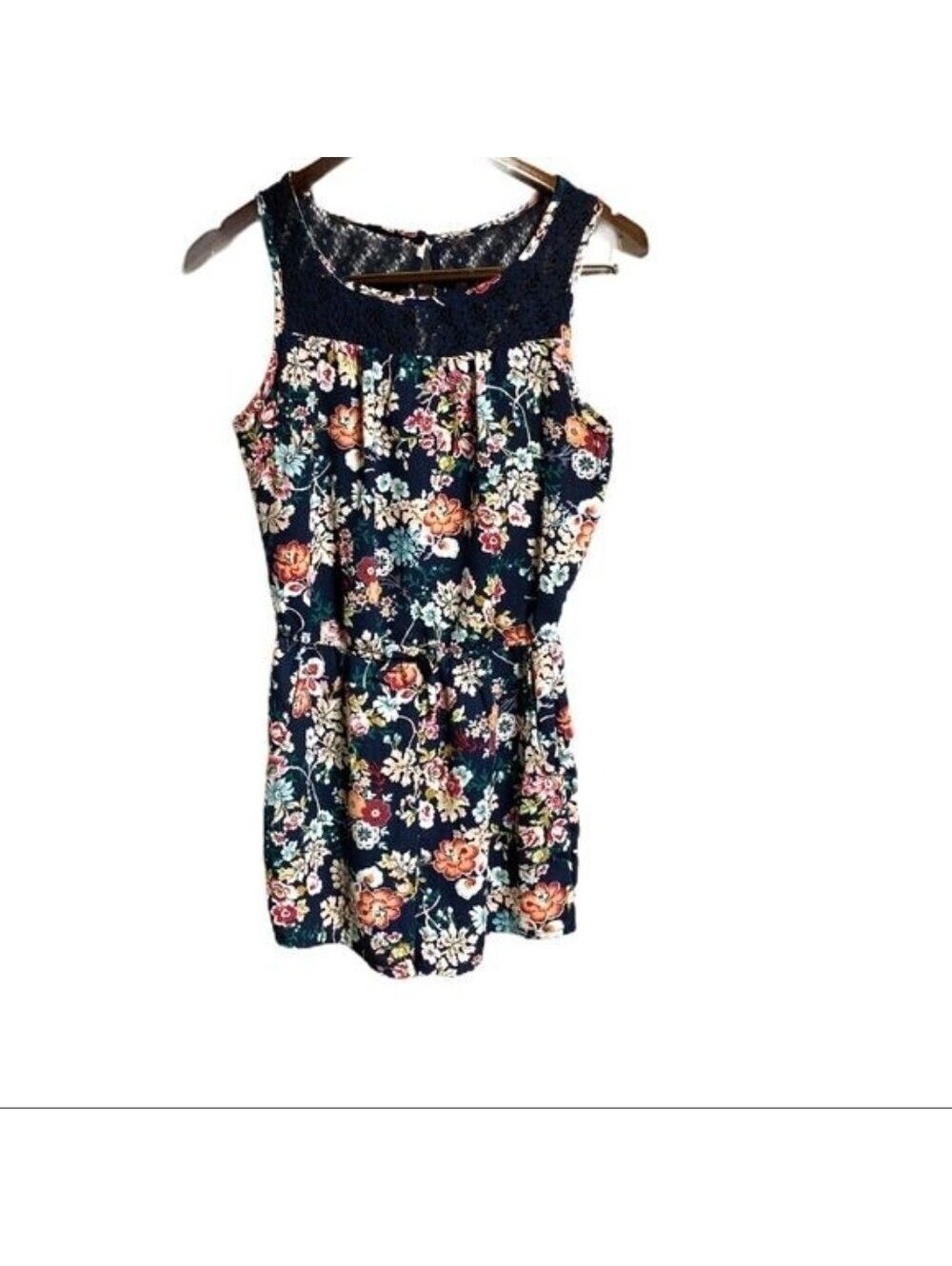 Paper Doll Girls Navy Blue Floral Lace Yoke Romper Size 16 Sleeveless Romper